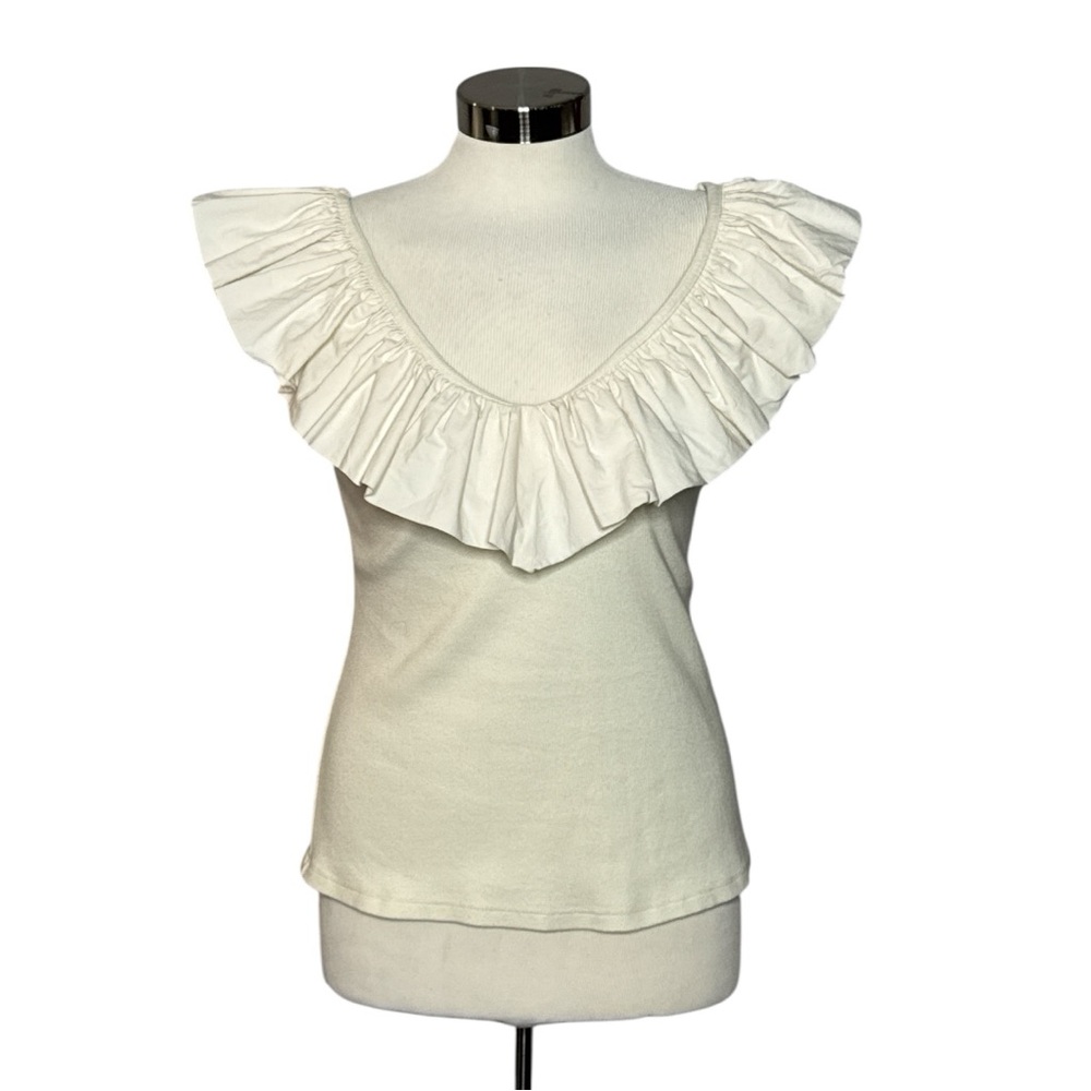 ANTHROPOLOGIE MAEVE TINA RUFFLED TANK CREAM V NECK RUFFLED TRIM BLOUSE MEDIUM - Picture 2 of 11